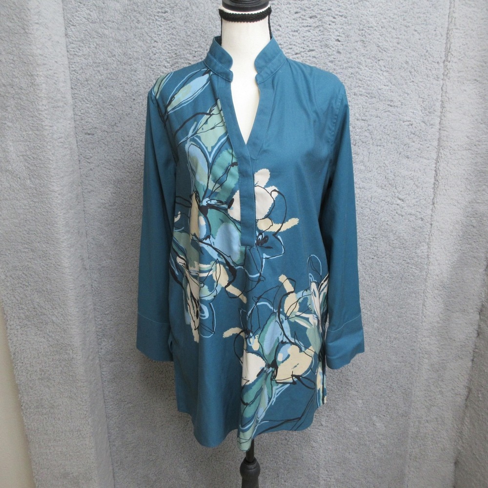Chicos Floral Tunic Shirt Women 12 Chicos 2 Blue Abstract No Iron Stretch V Neck